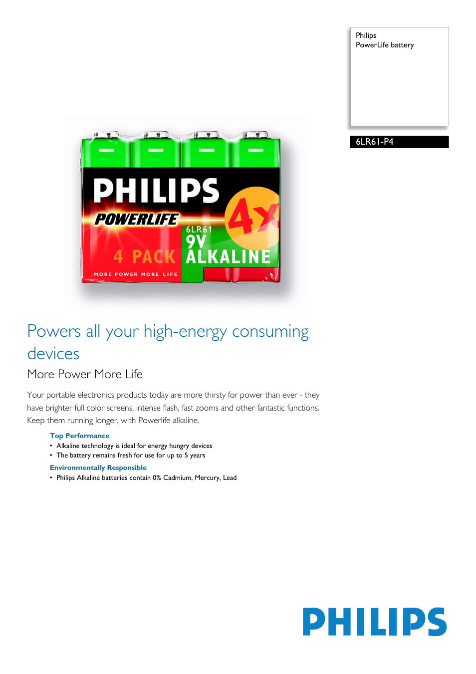 Philips PowerLife 6LR61-P4 User Manual | 2 pages