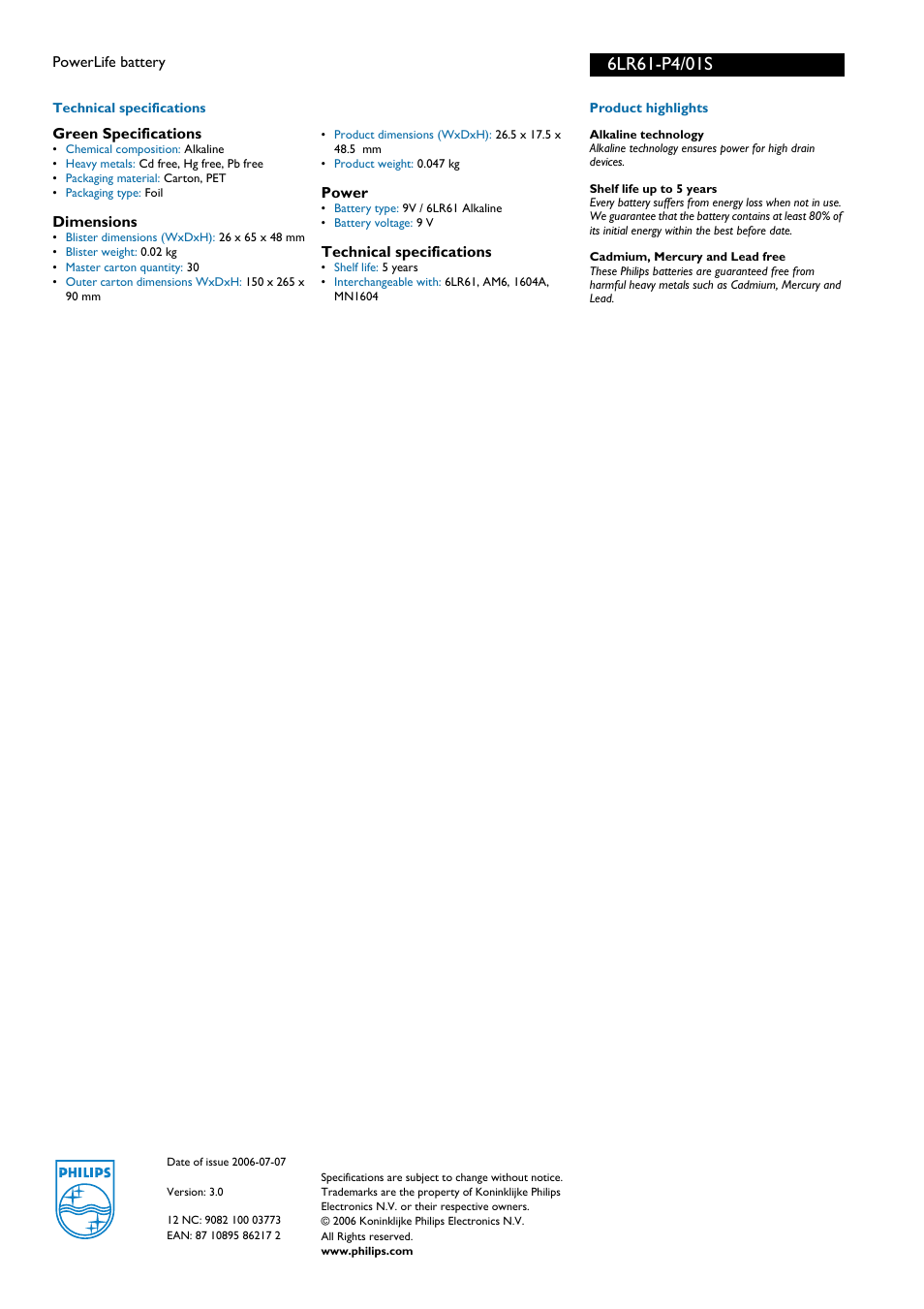 For preview purpose only | Philips PowerLife 6LR61-P4 User Manual | Page 2 / 2