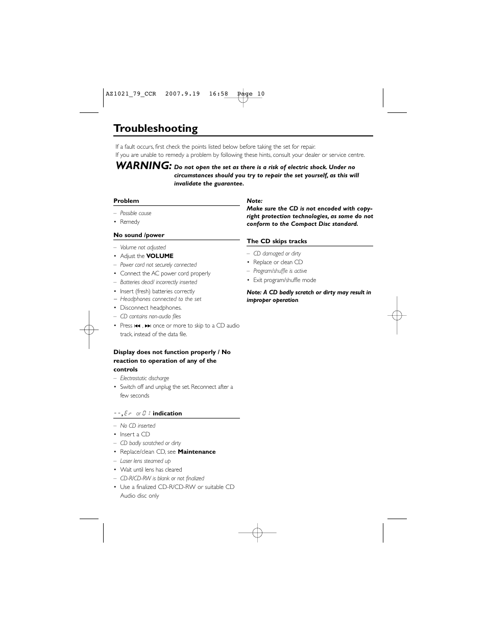 Troubleshooting, Warning | Philips C AZ1021N User Manual | Page 10 / 13
