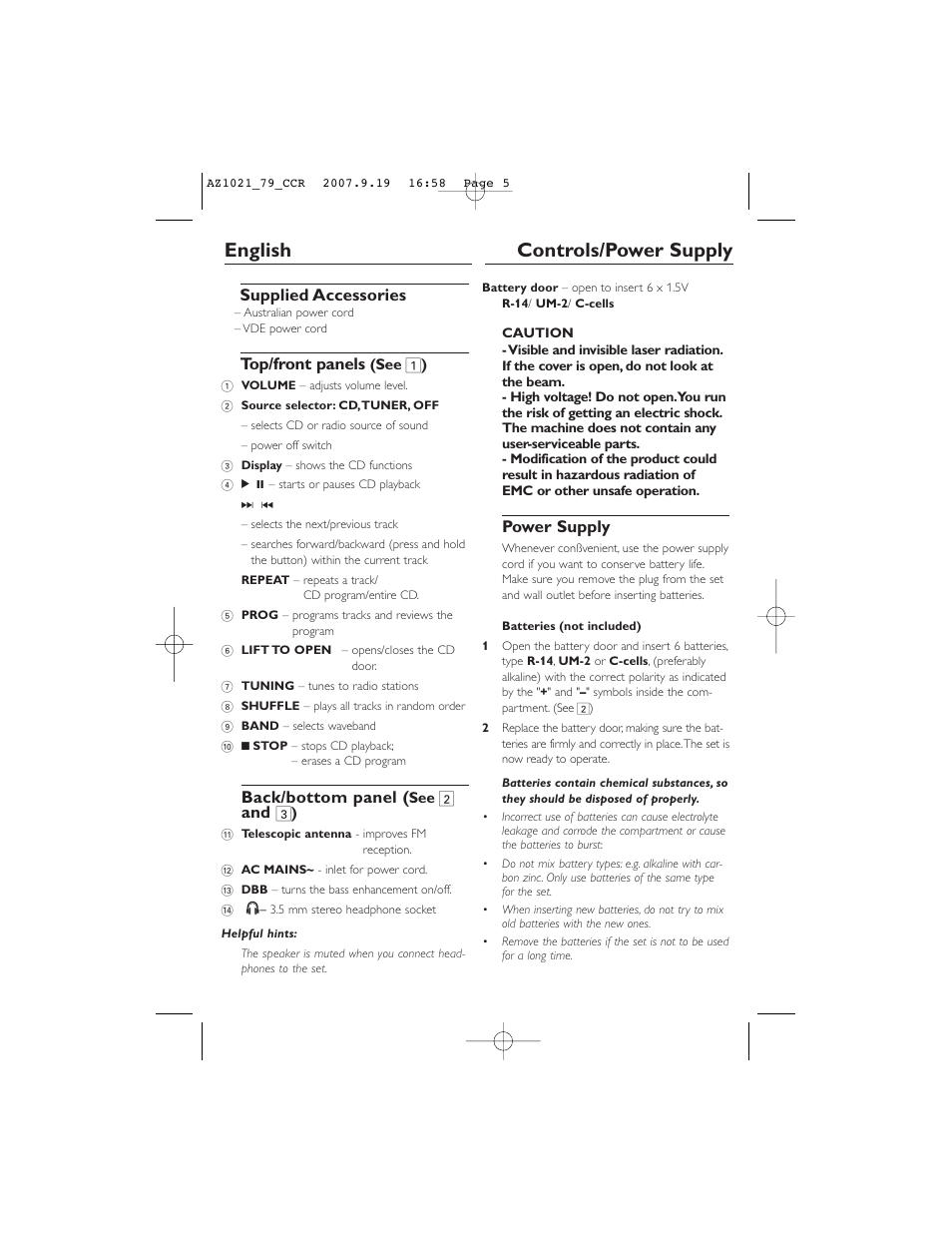 English controls/power supply, Supplied accessories, Top/front panels | Back/bottom panel, Power supply | Philips C AZ1021N User Manual | Page 5 / 13