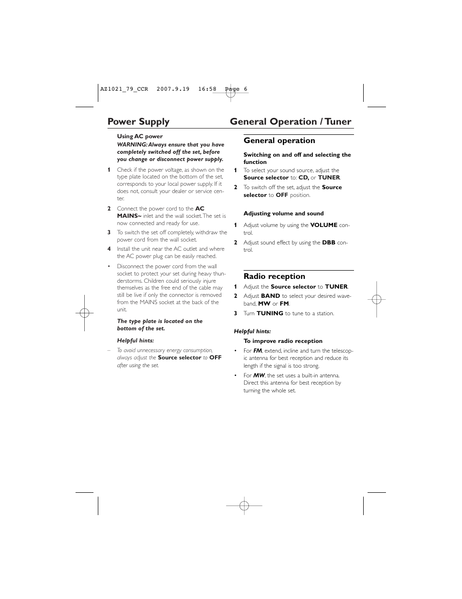 Power supply general operation / tuner, General operation, Radio reception | Philips C AZ1021N User Manual | Page 6 / 13