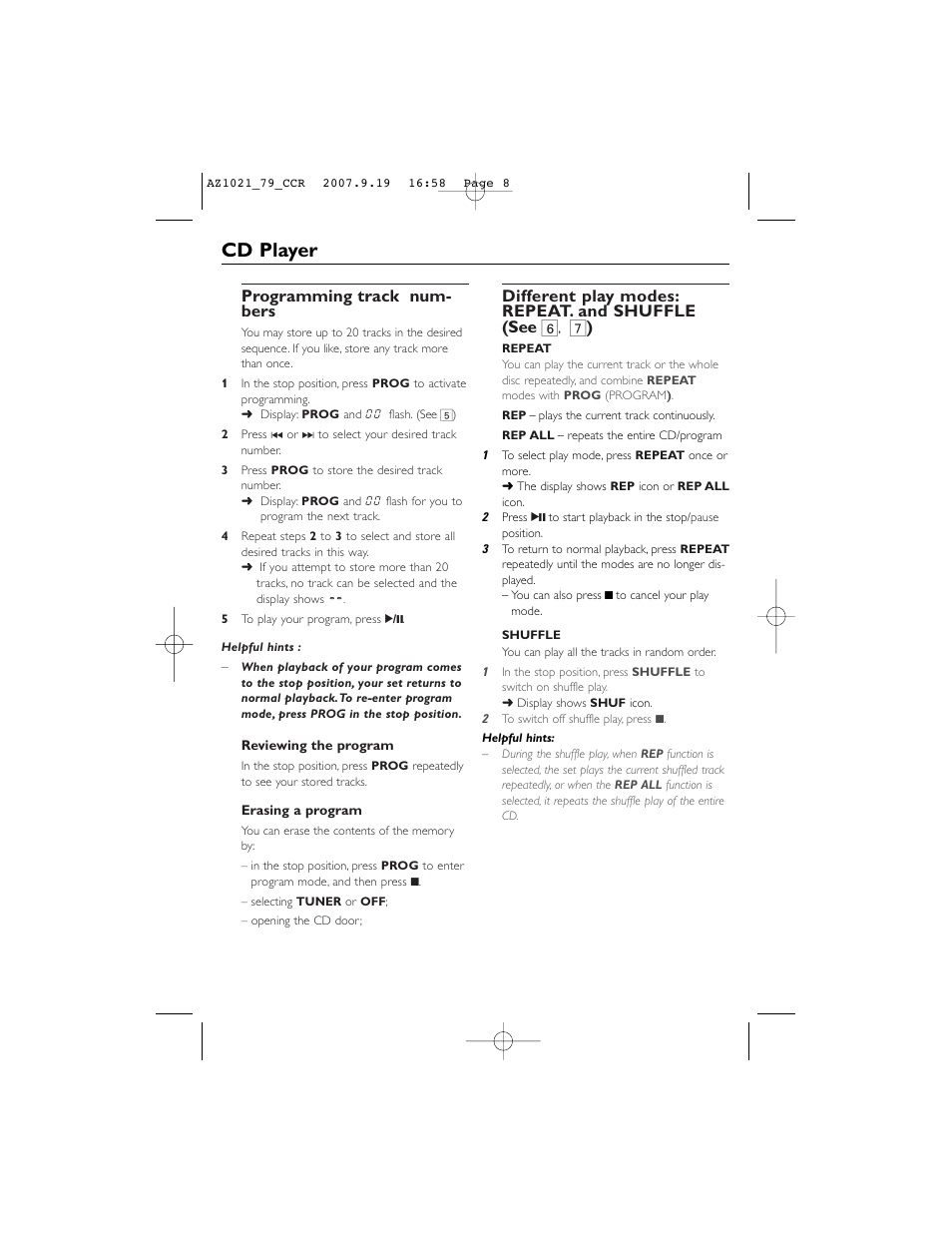 Cd player, Programming track num- bers, Different play modes: repeat. and shuffle ( see 6 | Philips C AZ1021N User Manual | Page 8 / 13