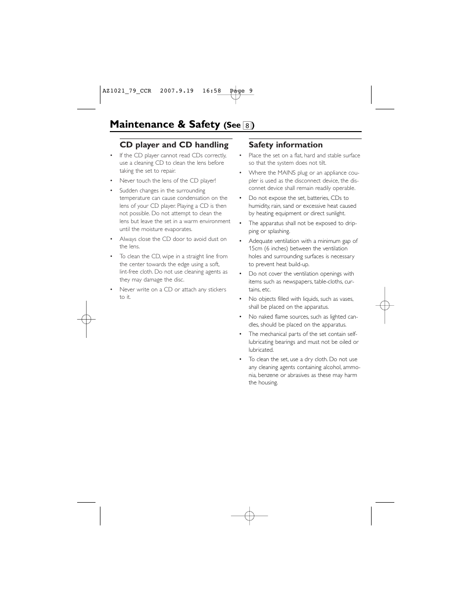 Maintenance & safety, Cd player and cd handling, Safety information | See 8 ) | Philips C AZ1021N User Manual | Page 9 / 13