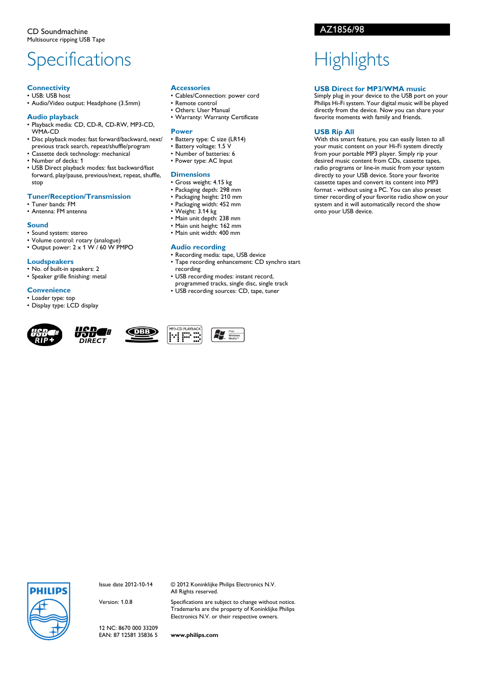 Specifications, Highlights | Philips AZ1856 User Manual | Page 2 / 2