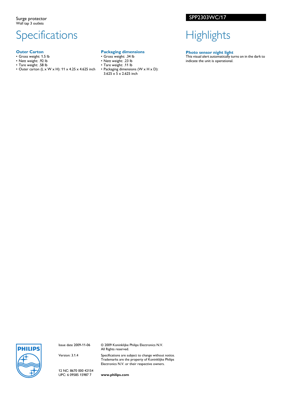 Specifications, Highlights | Philips SPP2303WC User Manual | Page 2 / 2