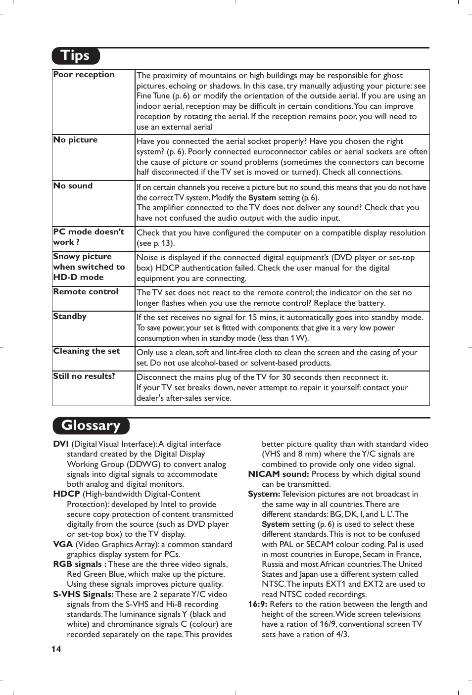 Glossary, Tips | Philips 20PF4321 User Manual | Page 16 / 18