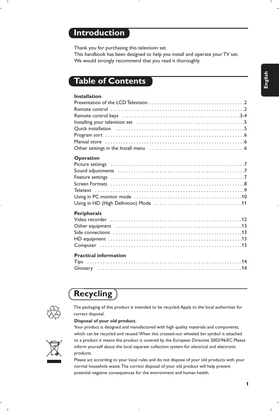 Introduction table of contents, Recycling | Philips 20PF4321 User Manual | Page 3 / 18