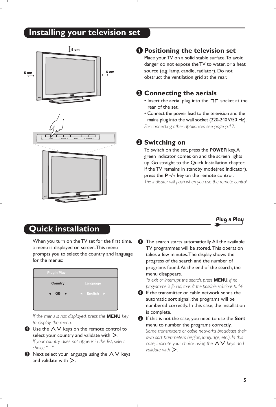 Quick installation, Installing your television set, Positioning the television set | Connecting the aerials, Switching on | Philips 20PF4321 User Manual | Page 7 / 18