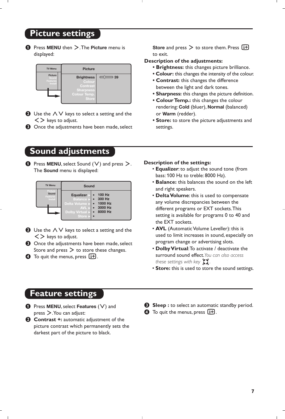 Picture settings sound adjustments, Feature settings | Philips 20PF4321 User Manual | Page 9 / 18