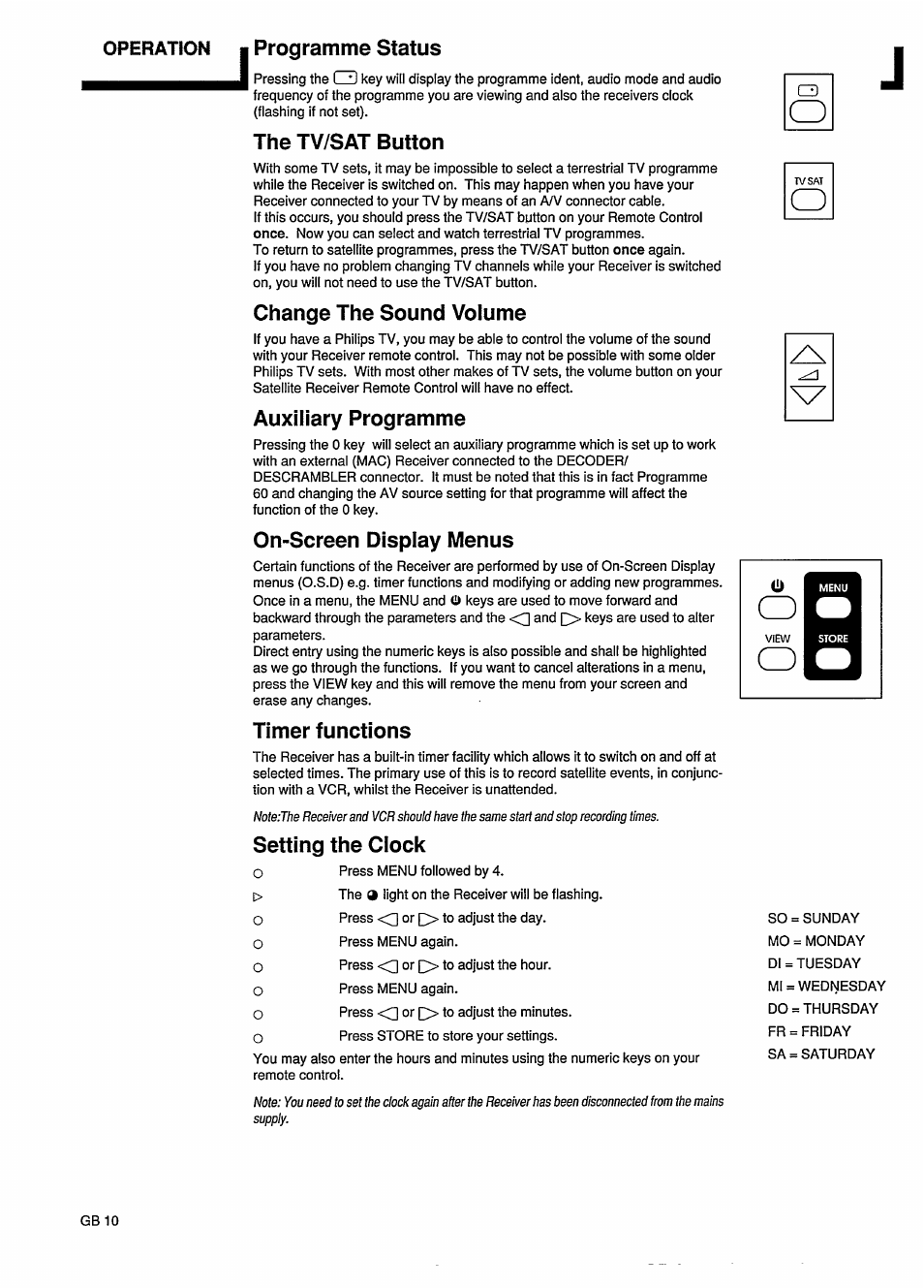 Operation i programme status, The tv/sat button, Change the sound volume | Auxiliary programme, On-screen display menus, Timer functions, Setting the clock, Setting the ciock | Philips STU801/05R User Manual | Page 12 / 28