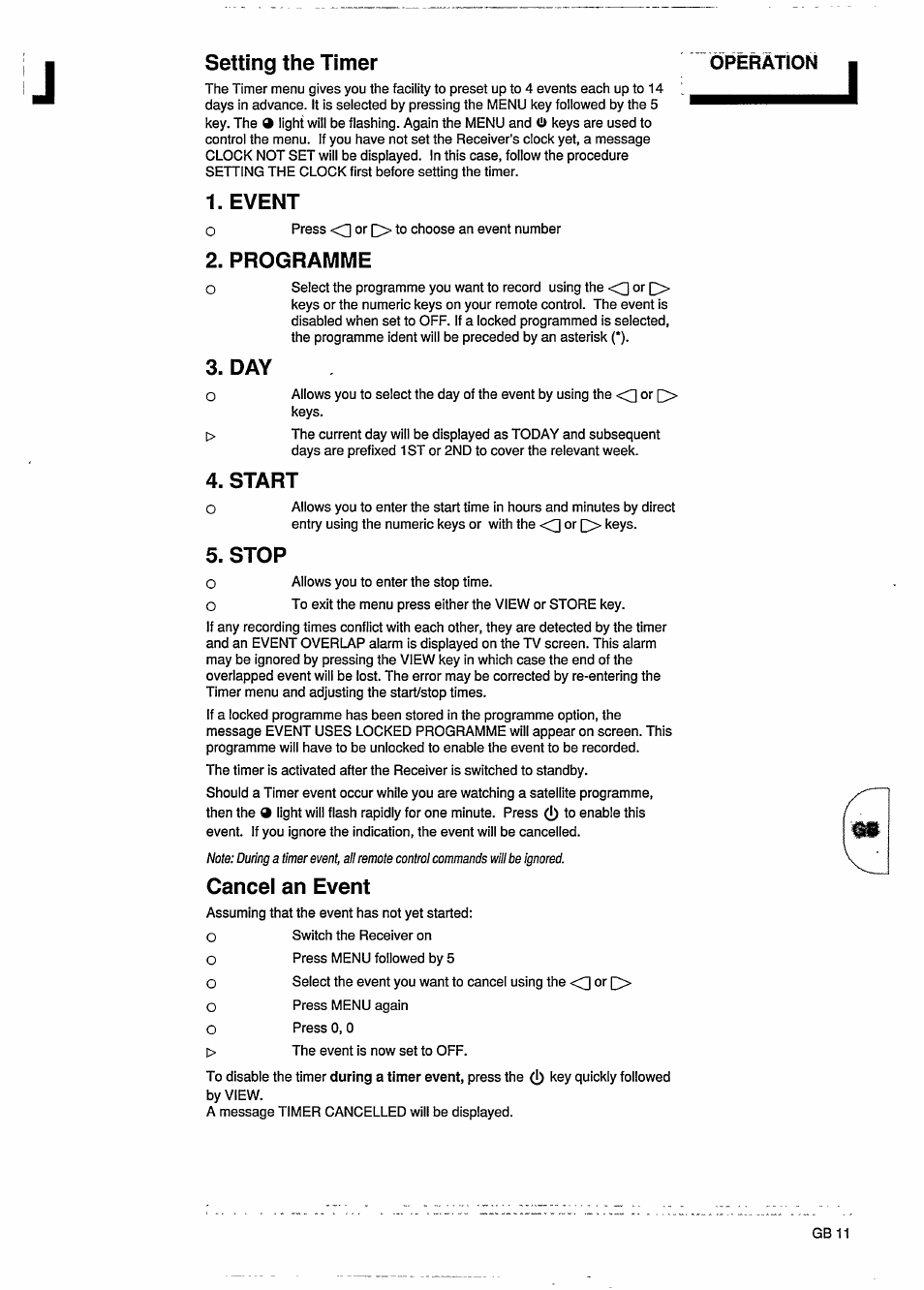 Setting the timer operation, Event, Programme | Start, Stop, Cancel an event | Philips STU801/05R User Manual | Page 13 / 28