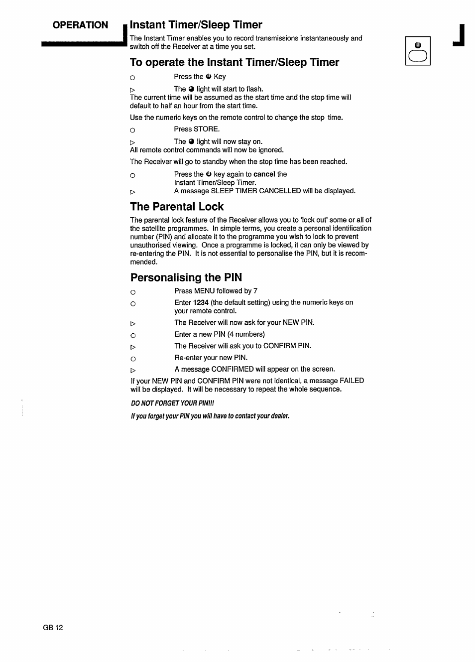 Operation i instant timer/sleep timer, The parental lock, Personalising the pin | Philips STU801/05R User Manual | Page 14 / 28