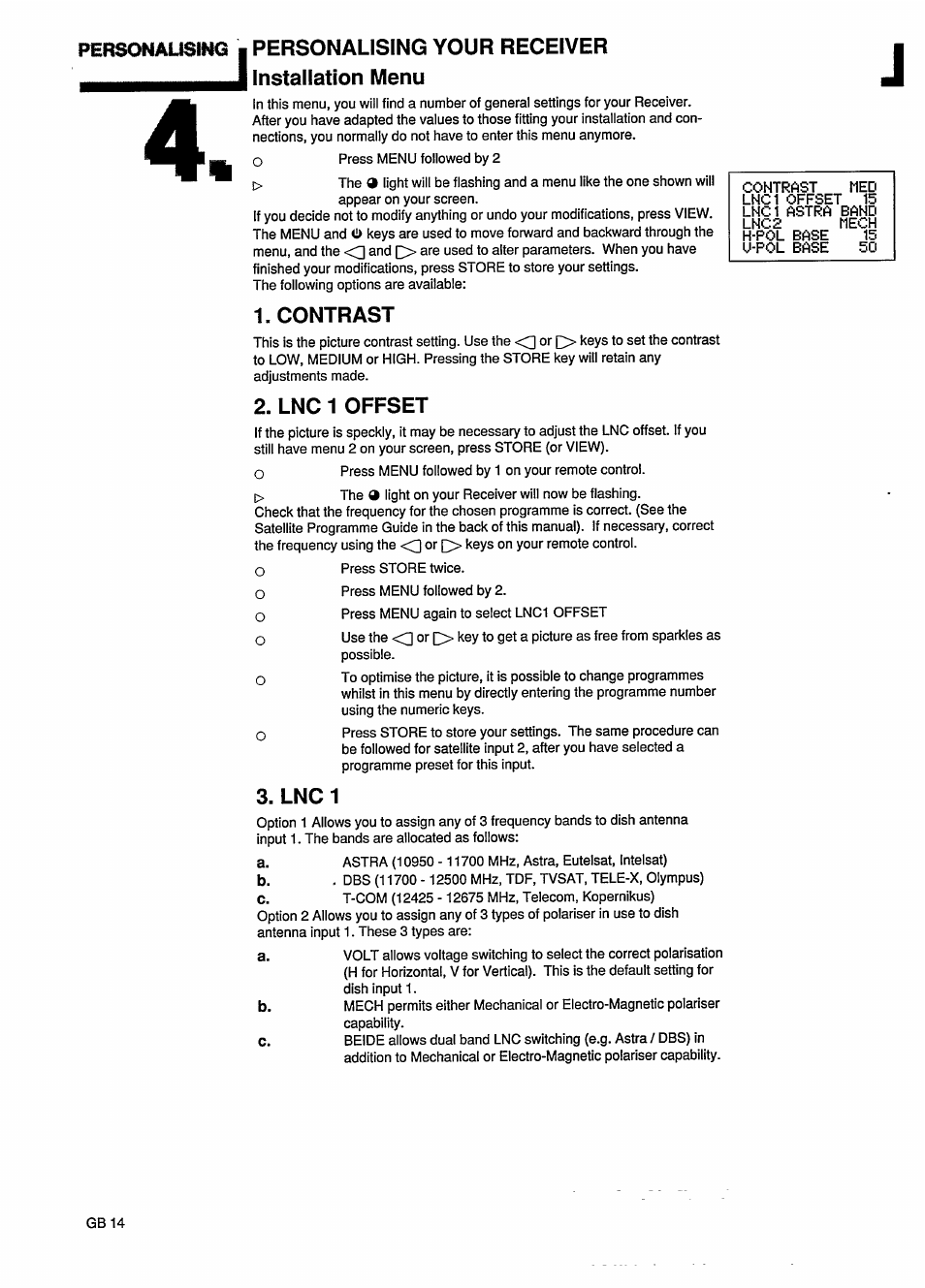 Contrast, Lnc 1 offset, Lnc 1 | Philips STU801/05R User Manual | Page 16 / 28