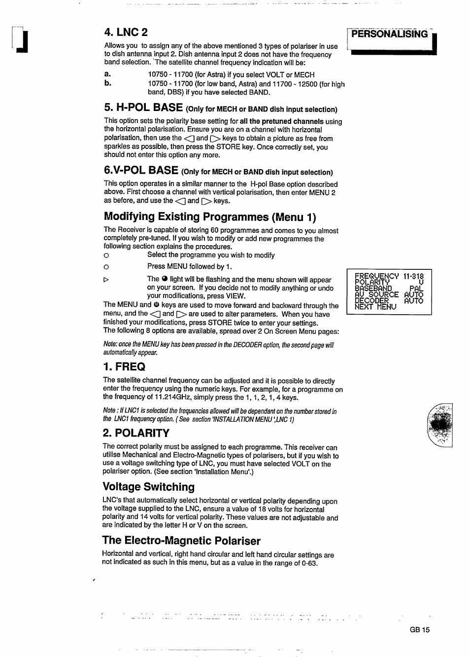 Lnc 2, Modifying existing programmes (menu 1), Freq | Polarity, Voltage switching, The electro-magnetic polariser, Voltage switching the eiectro-magnetic polariser, H-pol base, V-pol base | Philips STU801/05R User Manual | Page 17 / 28