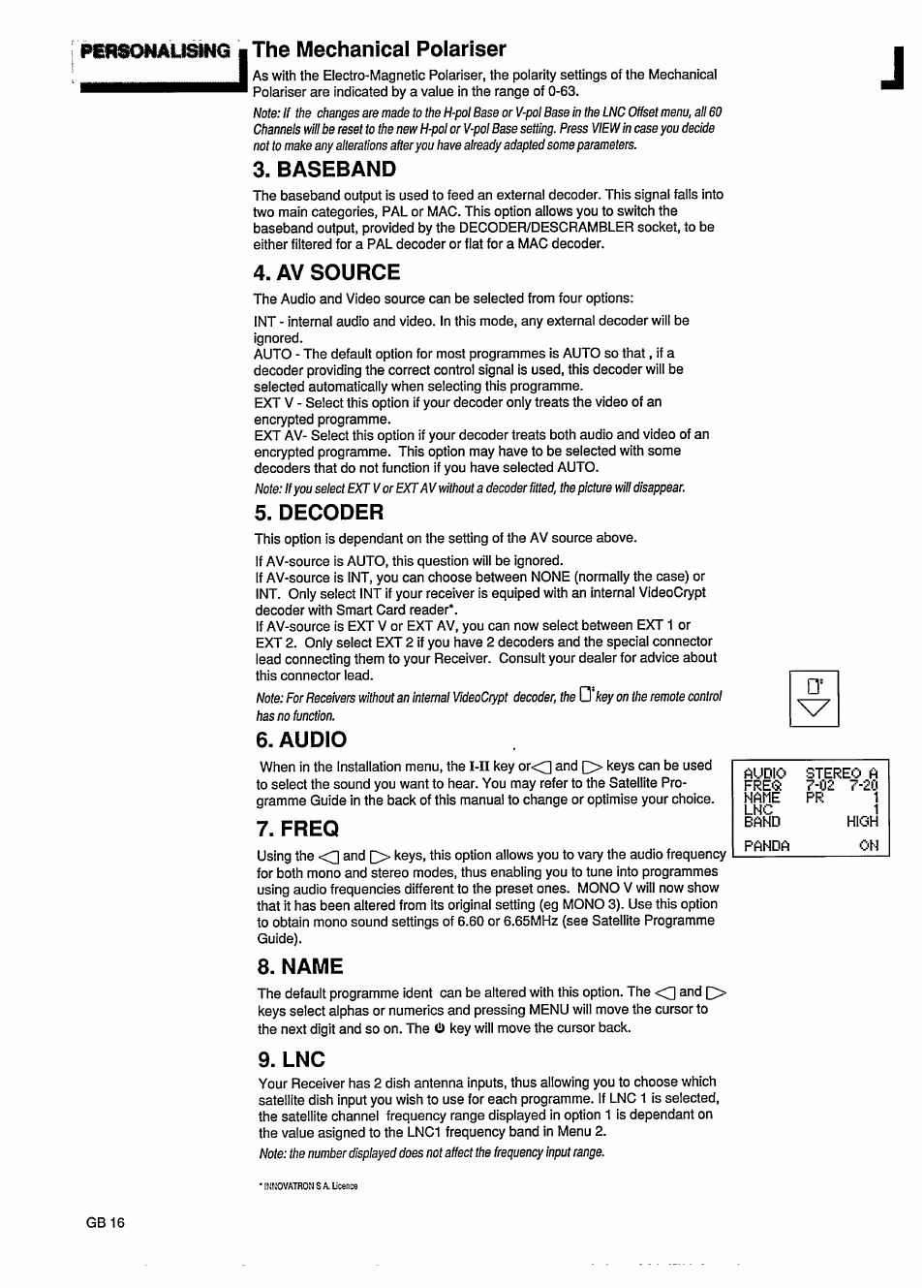 The mechanical polariser, Baseband, Av source | Decoder, Audio, Freq, Name | Philips STU801/05R User Manual | Page 18 / 28