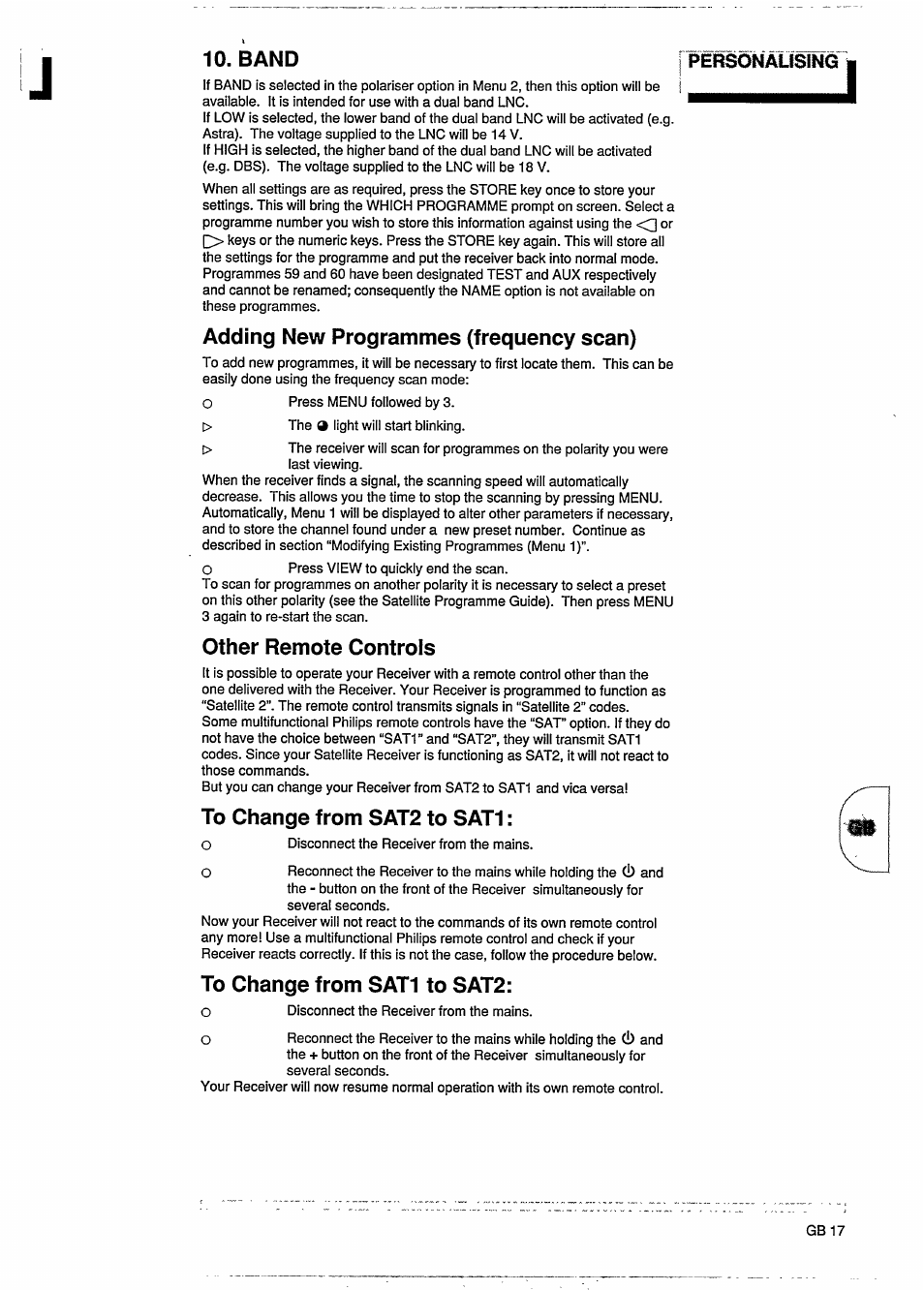 Band i, Adding new programmes (frequency scan), Other remote controls | To change from sat2 to sat1, To change from sat1 to sat2 | Philips STU801/05R User Manual | Page 19 / 28