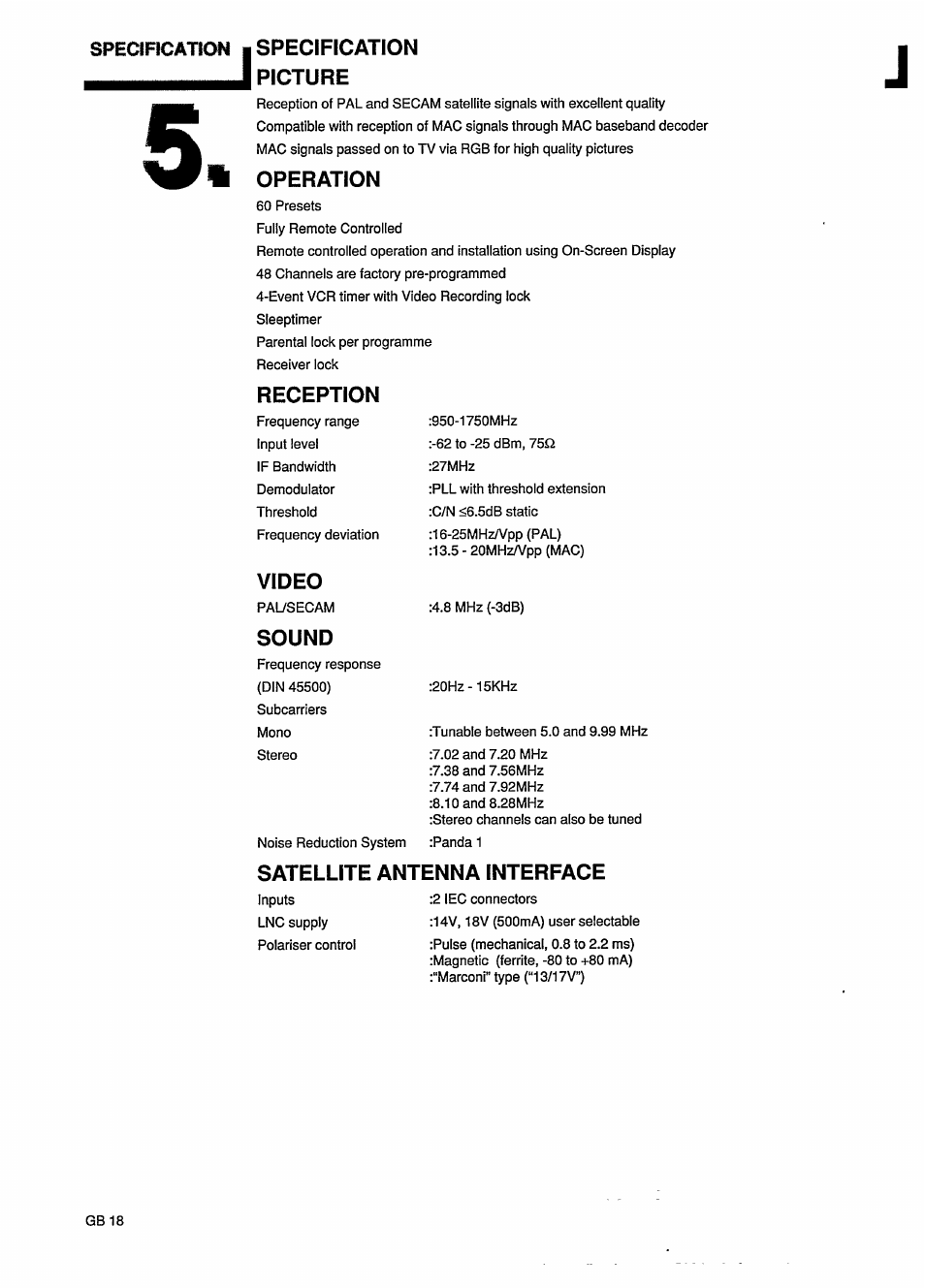 I specification i picture, Operation, Reception | Video, Sound, Satellite antenna interface, Specification | Philips STU801/05R User Manual | Page 20 / 28