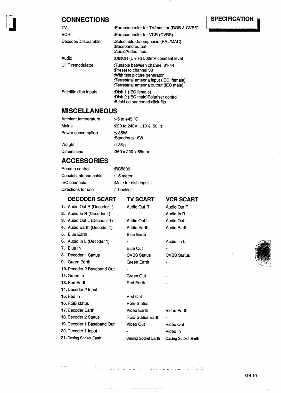 Connections, Miscellaneous, Accessories | Specification, Decoder scart tv scart vcr scart | Philips STU801/05R User Manual | Page 21 / 28