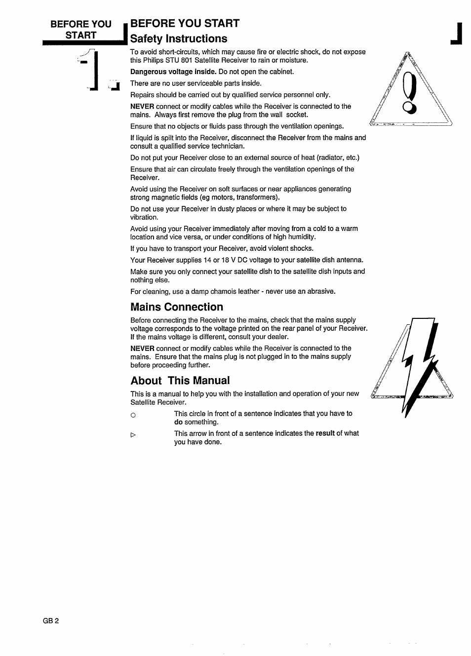 Before you start safety instructions, Mains connection, About this manuai | Mains connection about this manual, J j before you start safety instructions | Philips STU801/05R User Manual | Page 4 / 28