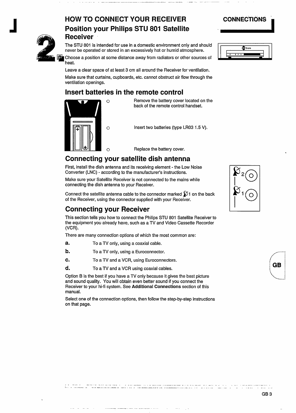 How to connect your receiver, Position your philips stu 801 satellite receiver, Insert batteries in the remote control | Connecting your satellite dish antenna, Connecting your receiver | Philips STU801/05R User Manual | Page 5 / 28