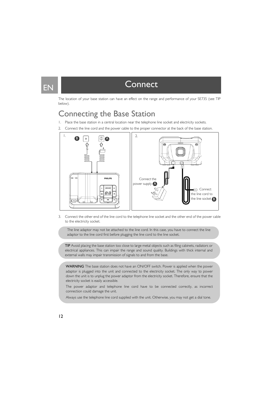 Connect, Connecting the base station | Philips SE735 User Manual | Page 12 / 71