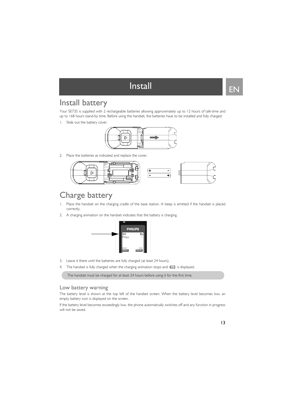 Install, Install battery, Charge battery | Low battery warning | Philips SE735 User Manual | Page 13 / 71
