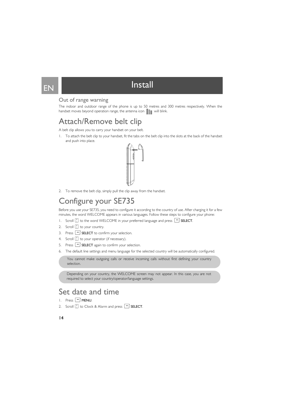Out of range warning, Attach/remove belt clip, Configure your se735 | Set date and time, Install | Philips SE735 User Manual | Page 14 / 71