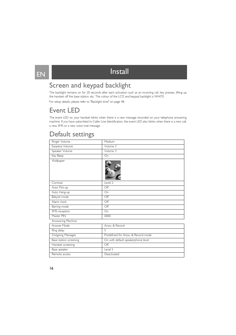 Screen and keypad backlight, Event led, Default settings | Install | Philips SE735 User Manual | Page 16 / 71