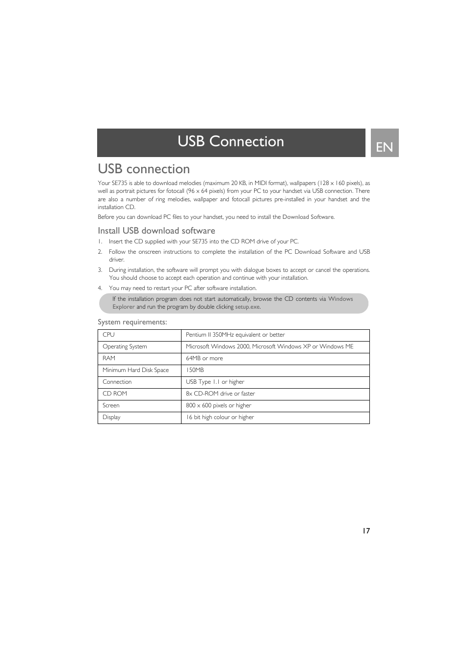 Usb connection, Install usb download software | Philips SE735 User Manual | Page 17 / 71