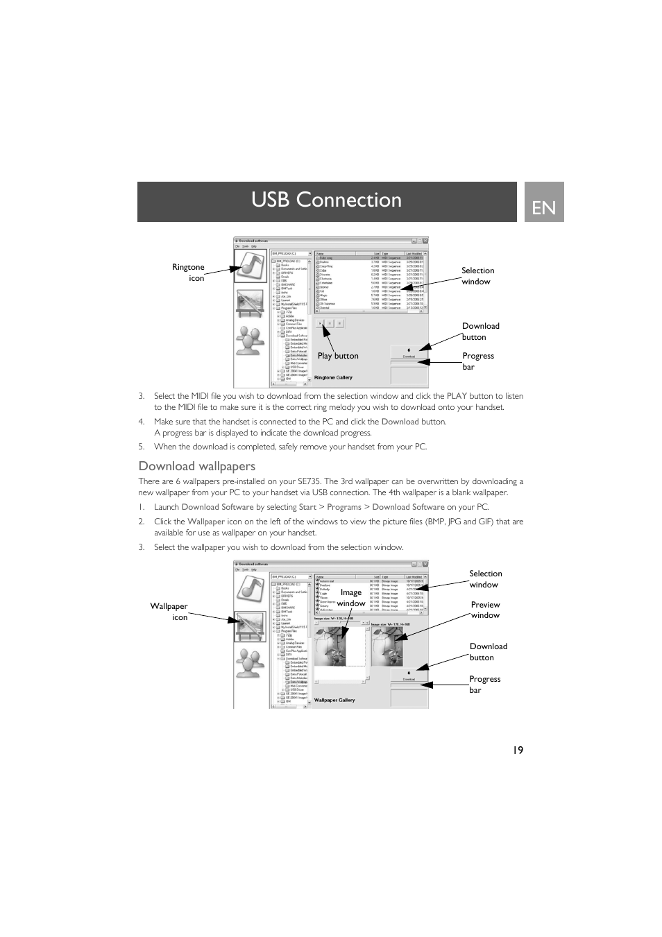 Download wallpapers, Usb connection | Philips SE735 User Manual | Page 19 / 71