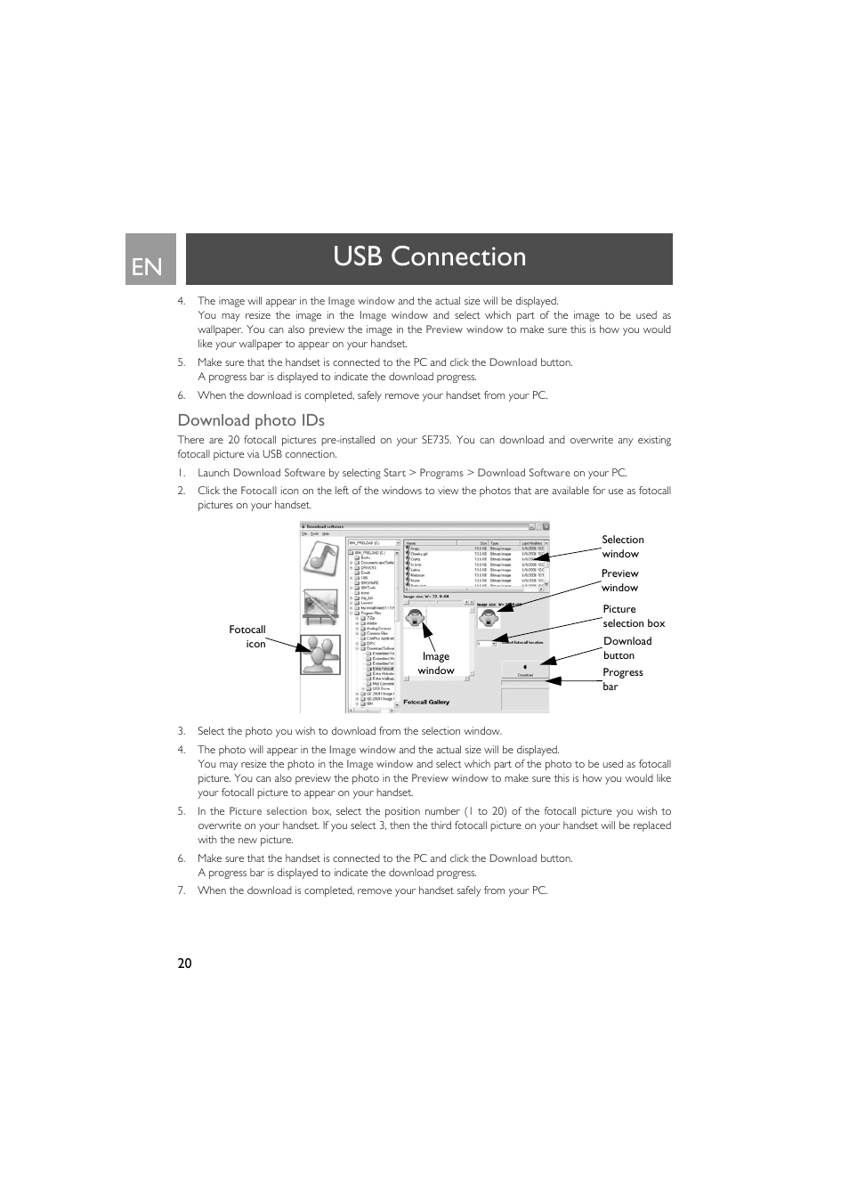Download photo ids, Usb connection | Philips SE735 User Manual | Page 20 / 71