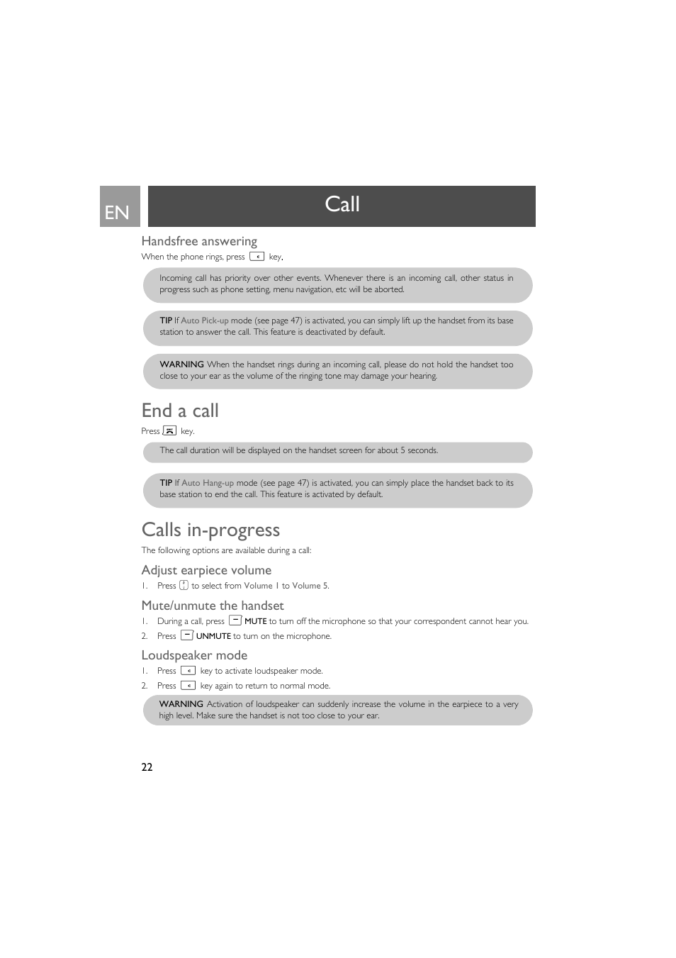 Handsfree answering, End a call, Calls in-progress | Adjust earpiece volume, Mute/unmute the handset, Loudspeaker mode, Call | Philips SE735 User Manual | Page 22 / 71