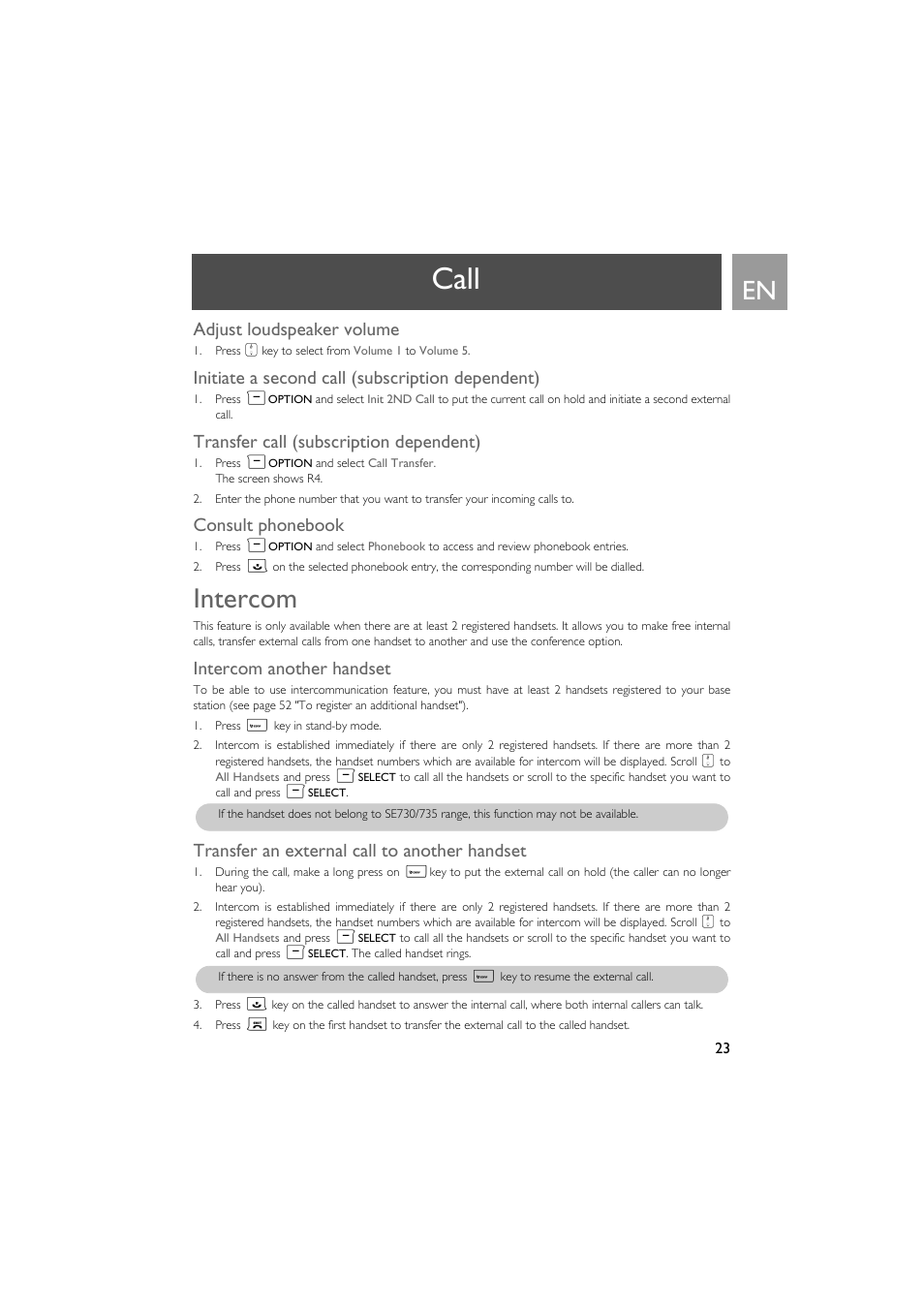 Adjust loudspeaker volume, Initiate a second call (subscription dependent), Transfer call (subscription dependent) | Consult phonebook, Intercom, Intercom another handset, Transfer an external call to another handset, Call | Philips SE735 User Manual | Page 23 / 71