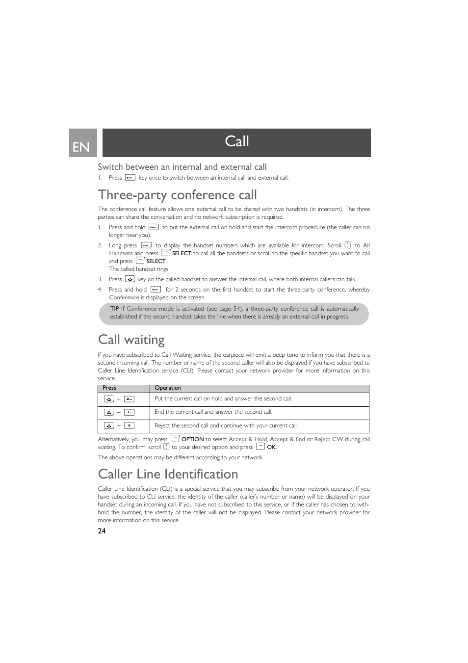 Switch between an internal and external call, Three-party conference call, Caller line identification | Call, Call waiting | Philips SE735 User Manual | Page 24 / 71