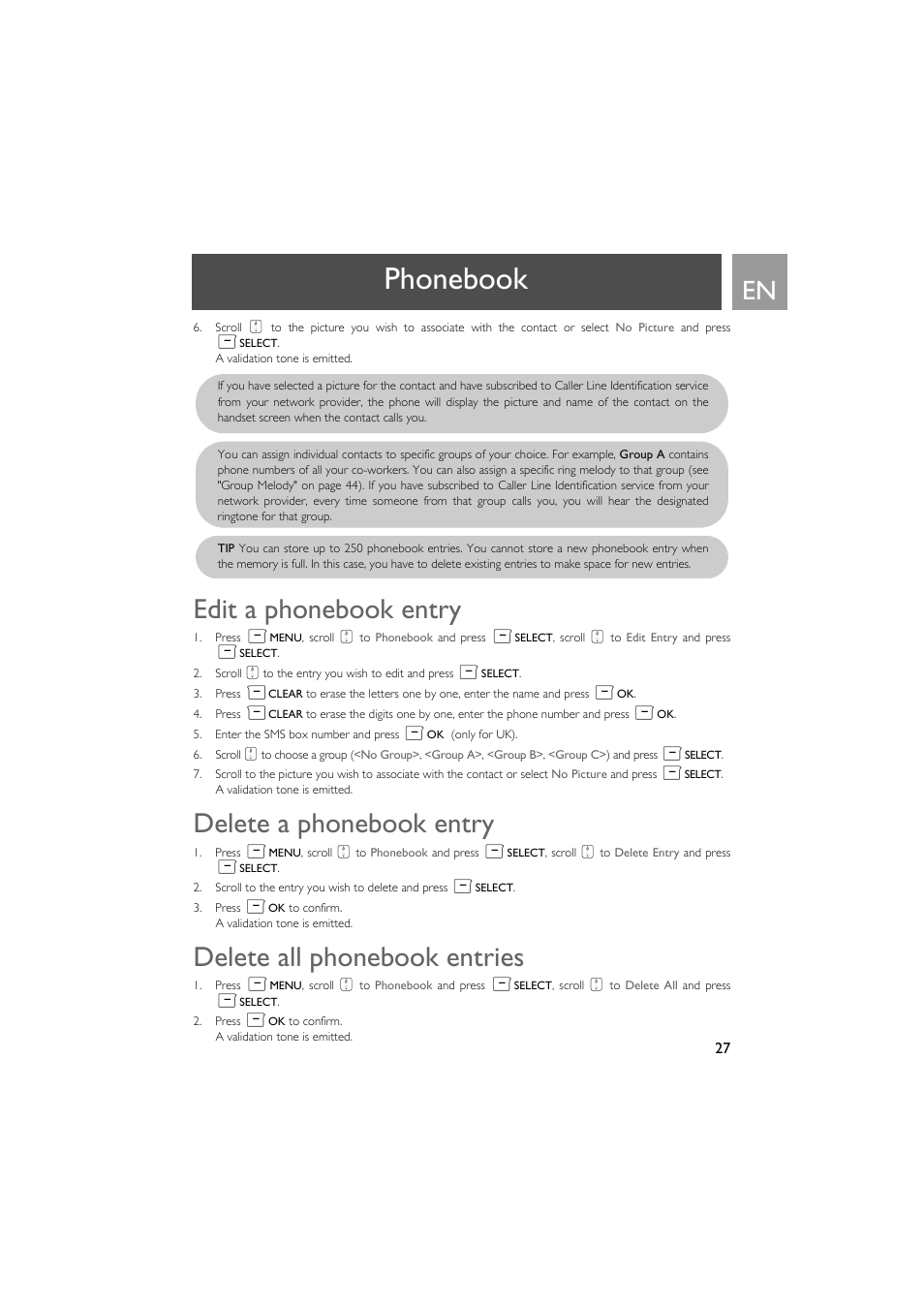 Edit a phonebook entry, Delete a phonebook entry, Delete all phonebook entries | Phonebook | Philips SE735 User Manual | Page 27 / 71