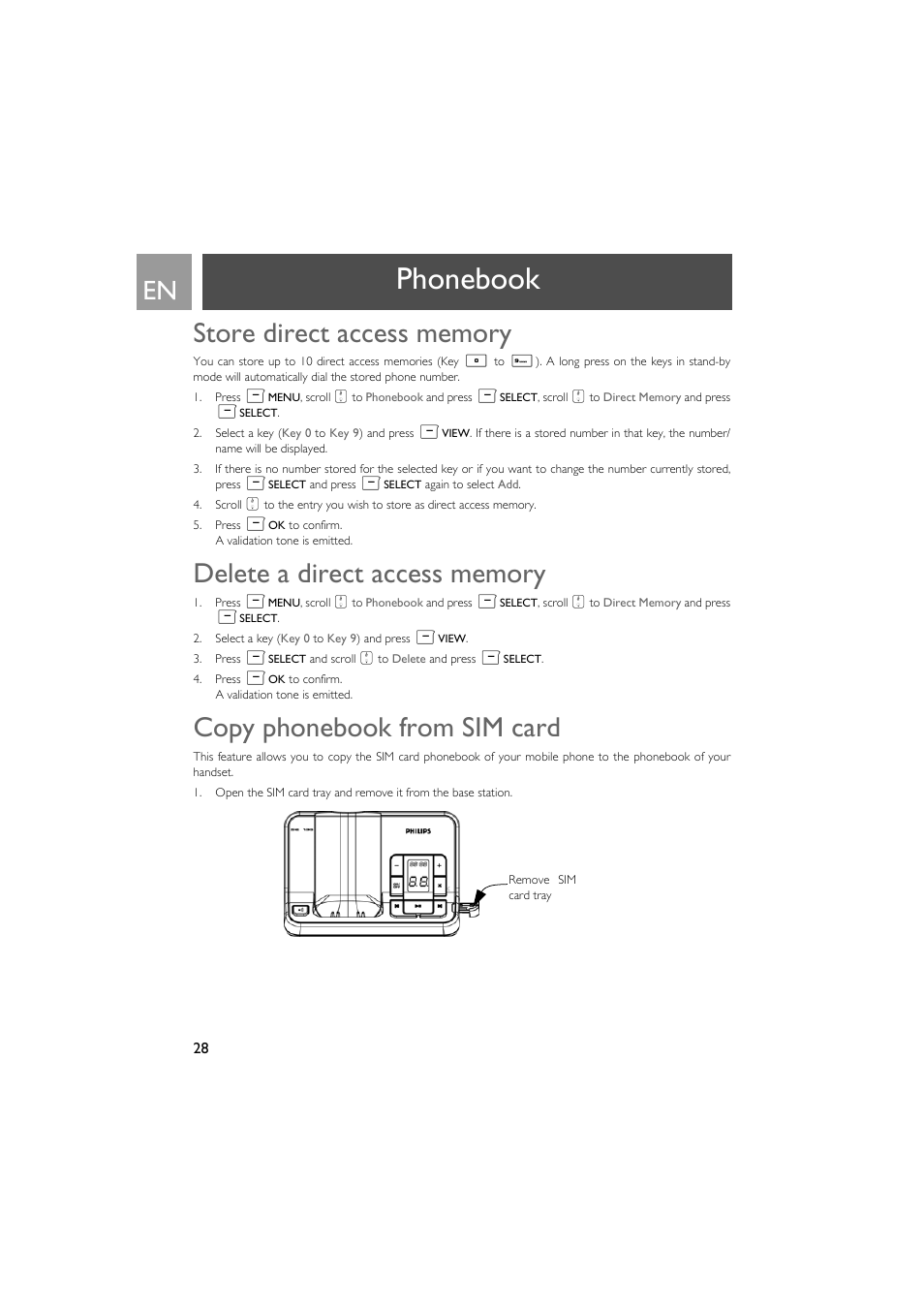 Store direct access memory, Delete a direct access memory, Copy phonebook from sim card | Phonebook | Philips SE735 User Manual | Page 28 / 71