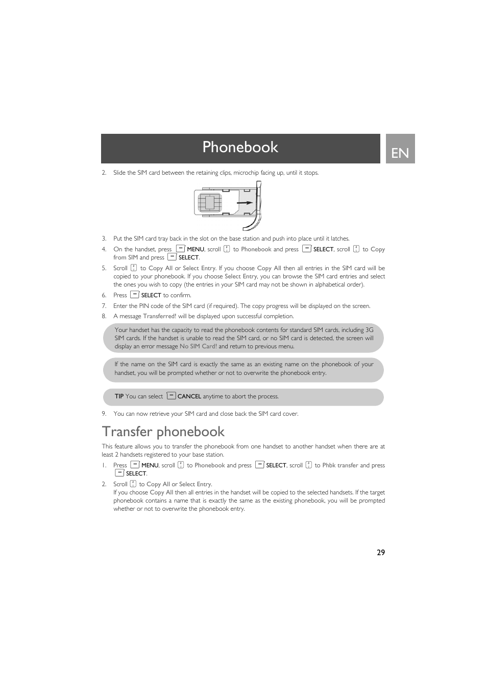Transfer phonebook, Phonebook | Philips SE735 User Manual | Page 29 / 71