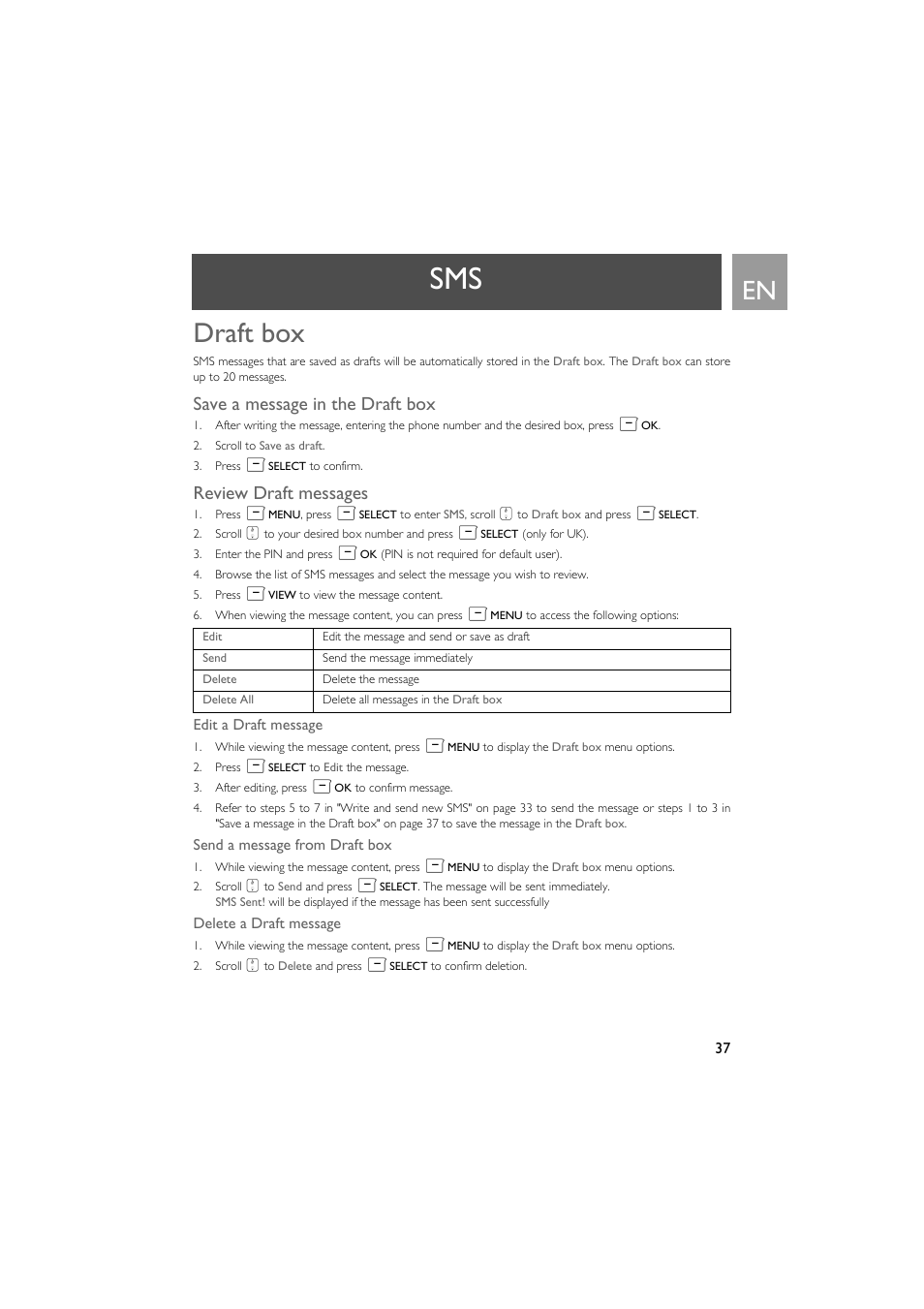 Draft box, Save a message in the draft box, Review draft messages | Philips SE735 User Manual | Page 37 / 71