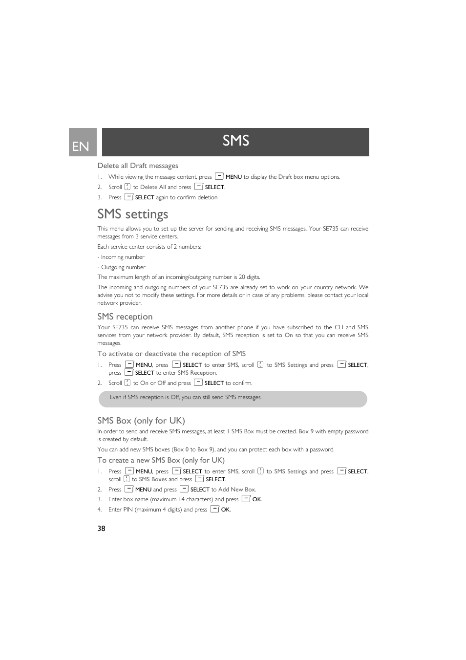 Sms settings, Sms reception, Sms box (only for uk) | Philips SE735 User Manual | Page 38 / 71