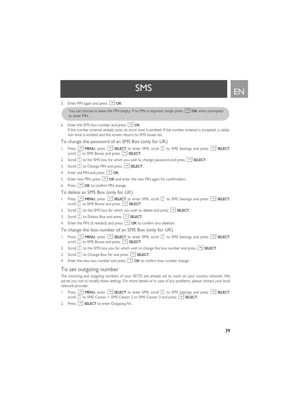 To set outgoing number | Philips SE735 User Manual | Page 39 / 71