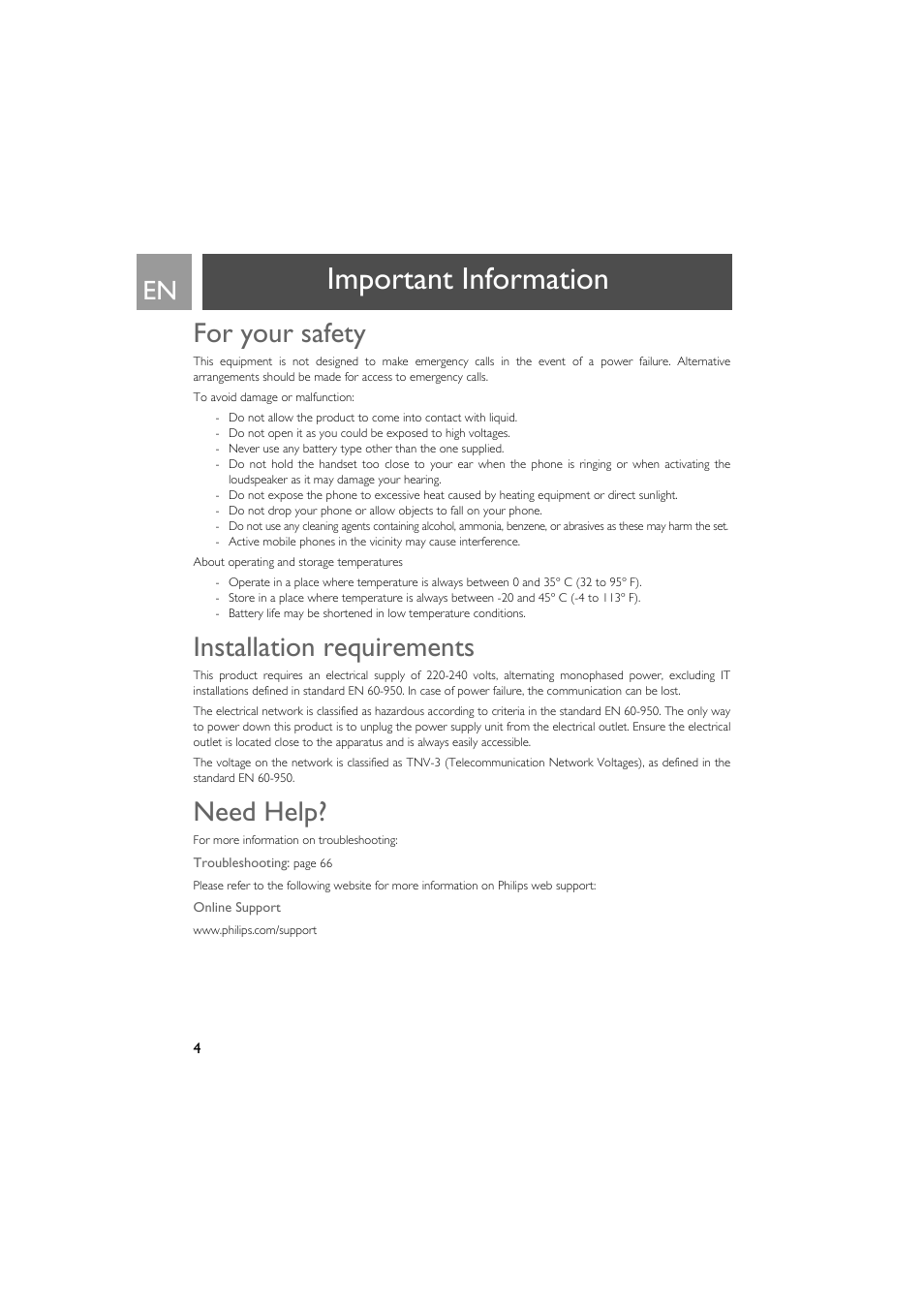 Important information, For your safety, Installation requirements | Need help | Philips SE735 User Manual | Page 4 / 71