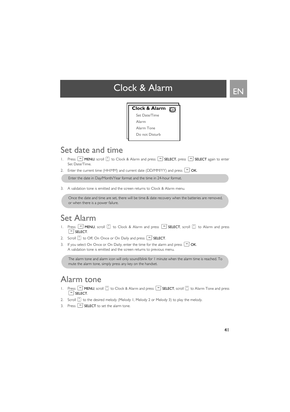 Clock & alarm, Set date and time, Set alarm | Alarm tone | Philips SE735 User Manual | Page 41 / 71
