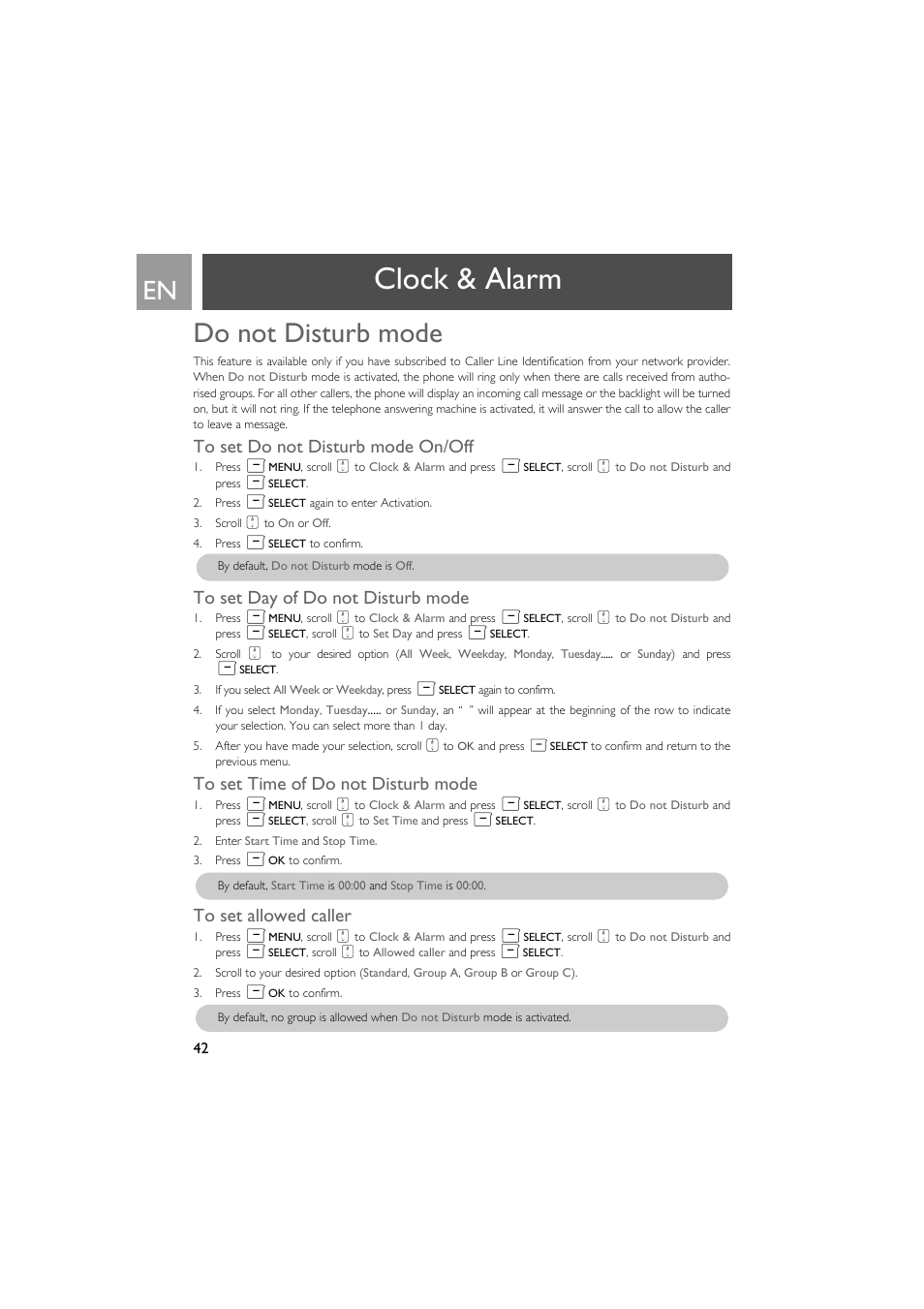 Do not disturb mode, To set do not disturb mode on/off, To set day of do not disturb mode | To set time of do not disturb mode, To set allowed caller, Clock & alarm | Philips SE735 User Manual | Page 42 / 71