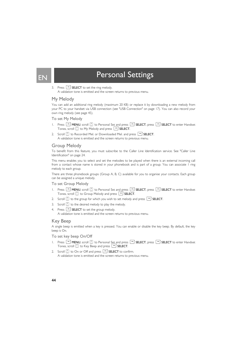 My melody, Group melody, Key beep | Personal settings | Philips SE735 User Manual | Page 44 / 71