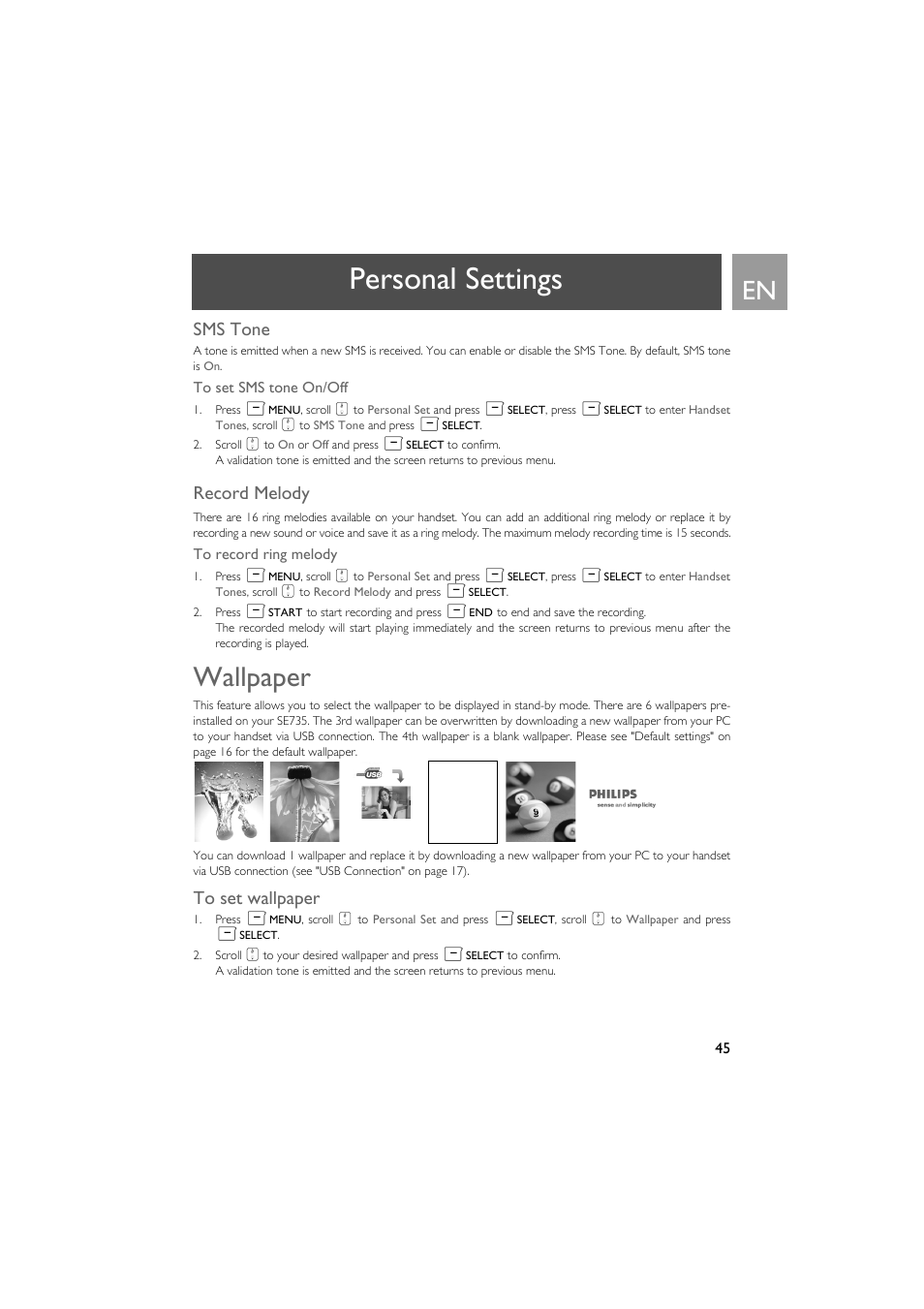 Sms tone, Record melody, Wallpaper | To set wallpaper, Personal settings | Philips SE735 User Manual | Page 45 / 71