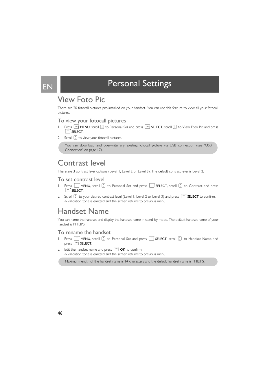 View foto pic, To view your fotocall pictures, Contrast level | To set contrast level, Handset name, To rename the handset, Personal settings | Philips SE735 User Manual | Page 46 / 71