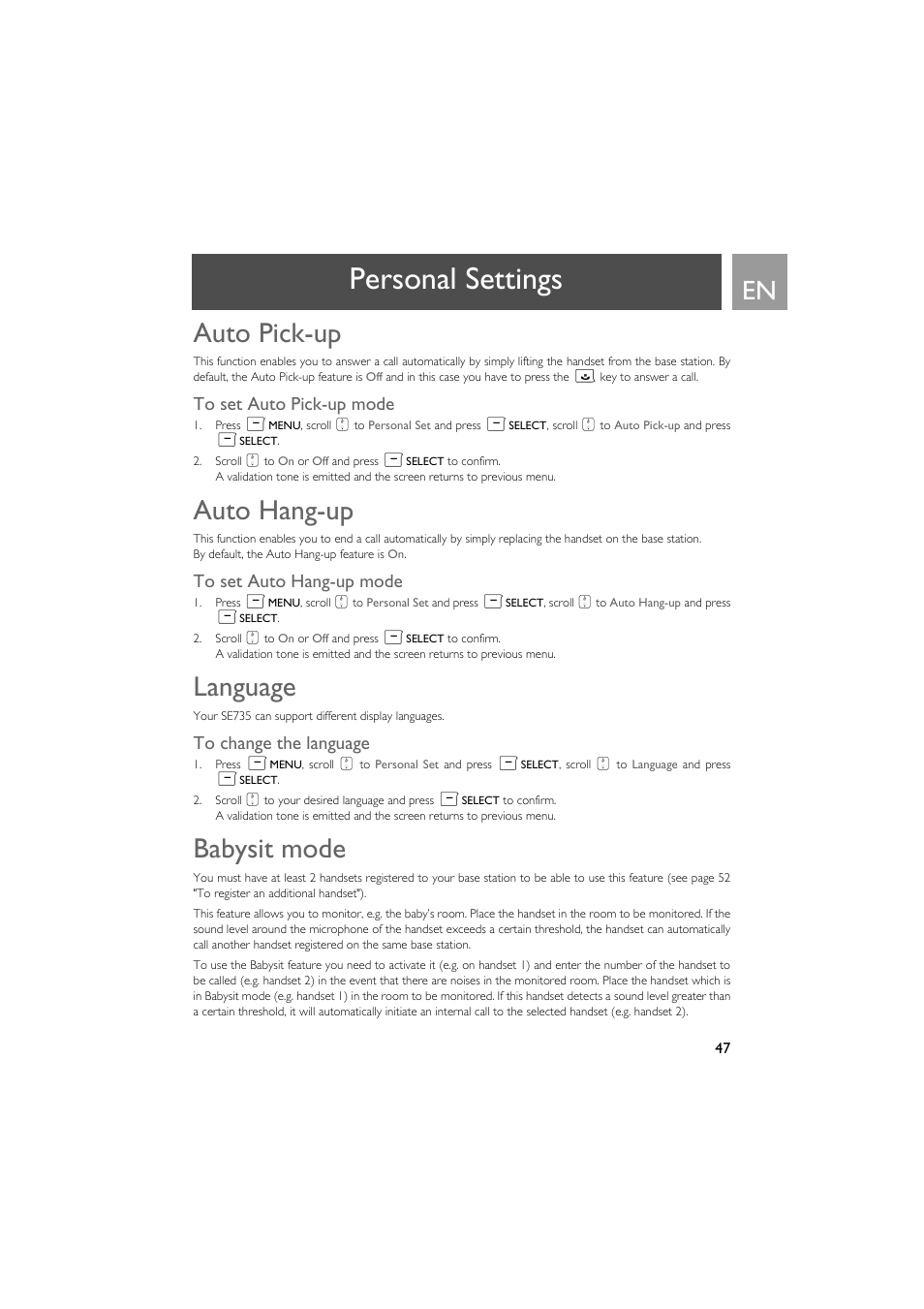 Auto pick-up, To set auto pick-up mode, Auto hang-up | To set auto hang-up mode, Language, To change the language, Babysit mode, Personal settings | Philips SE735 User Manual | Page 47 / 71
