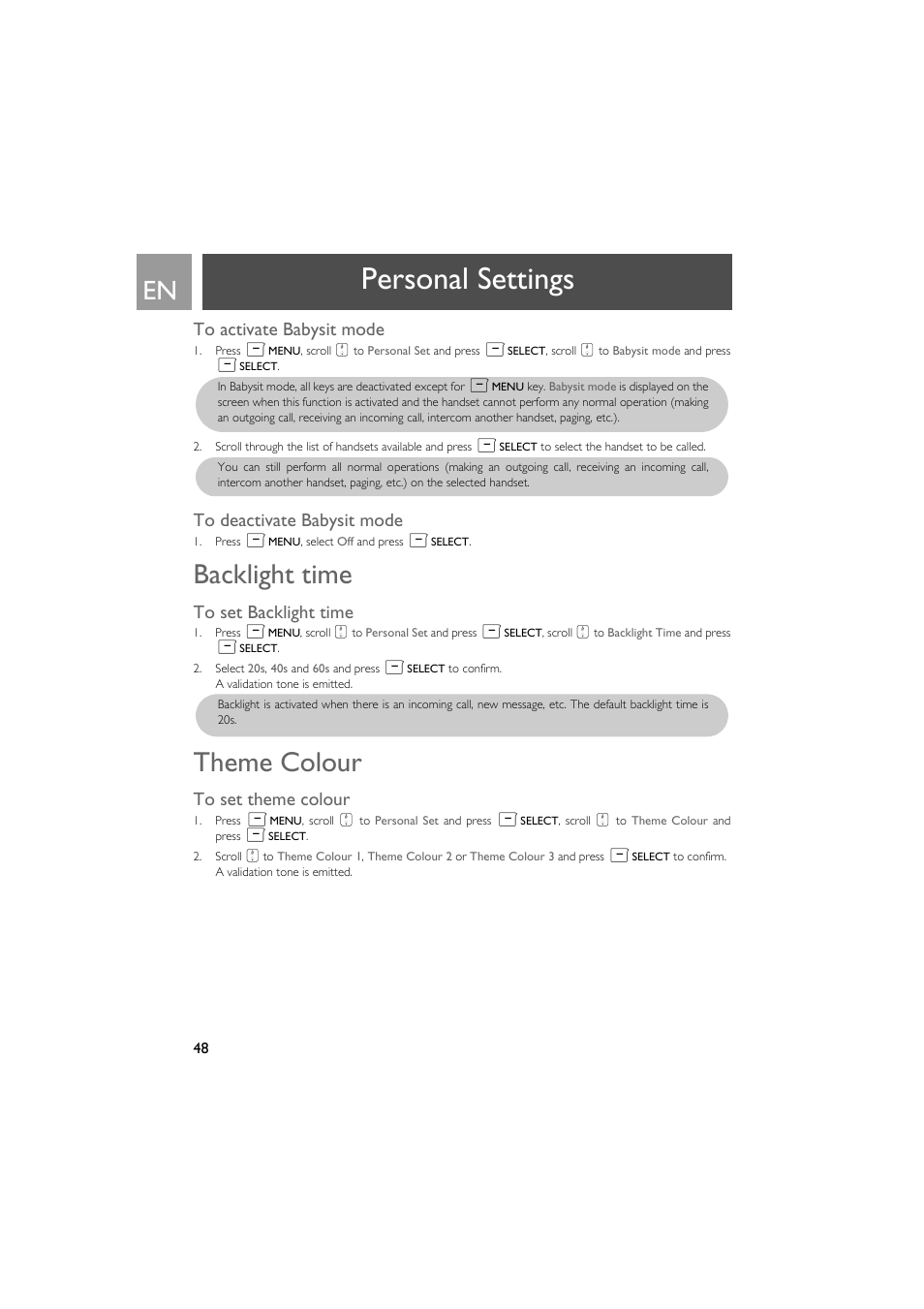 To activate babysit mode, To deactivate babysit mode, Backlight time | To set backlight time, Theme colour, To set theme colour, Personal settings | Philips SE735 User Manual | Page 48 / 71