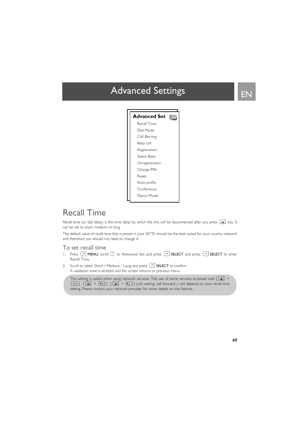 Advanced settings, Recall time, To set recall time | Philips SE735 User Manual | Page 49 / 71