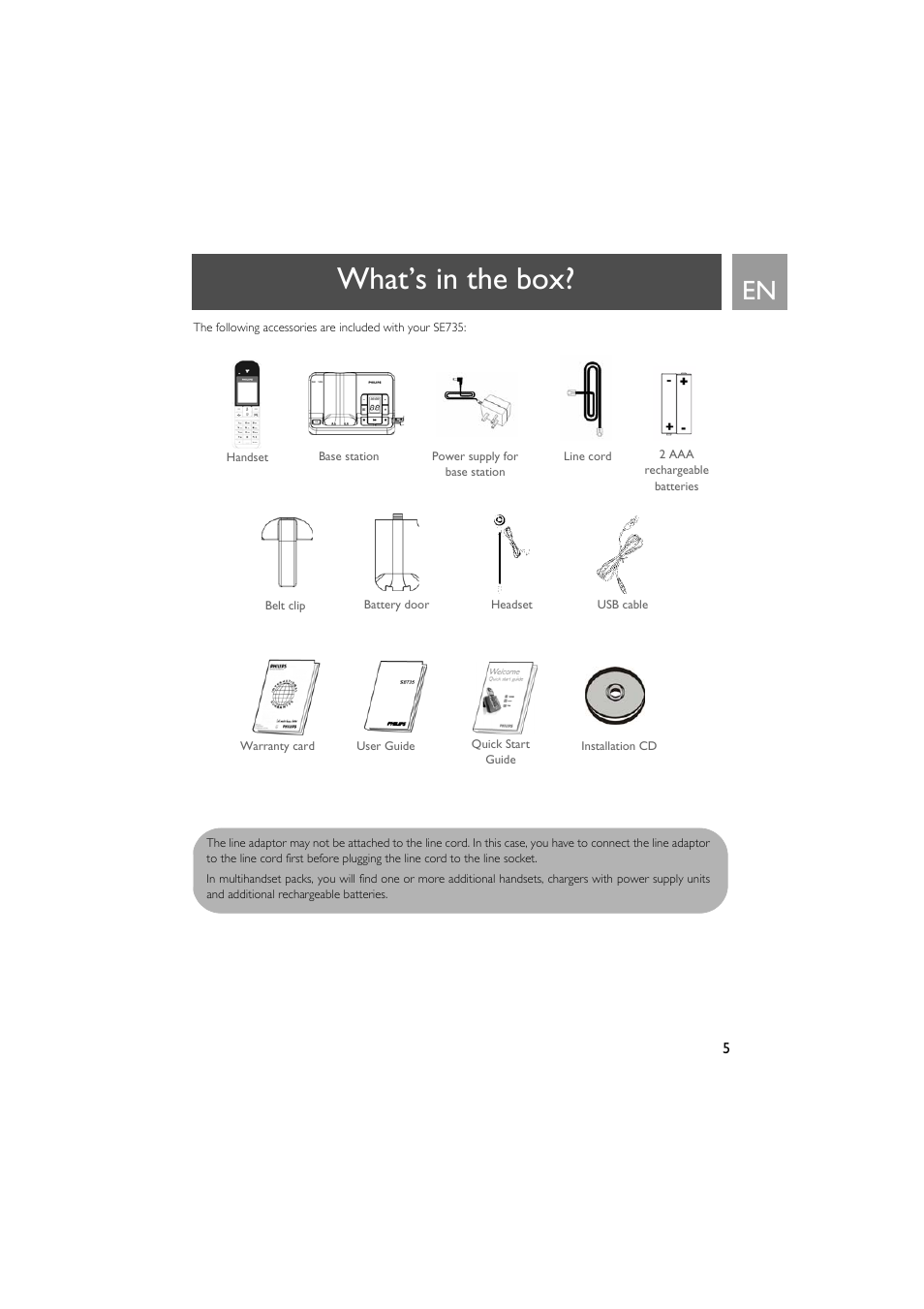 What’s in the box | Philips SE735 User Manual | Page 5 / 71